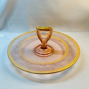Glastonbury Vintage Pink Glass Center Handle Tidbit Tray Gold Gilt Regency Style